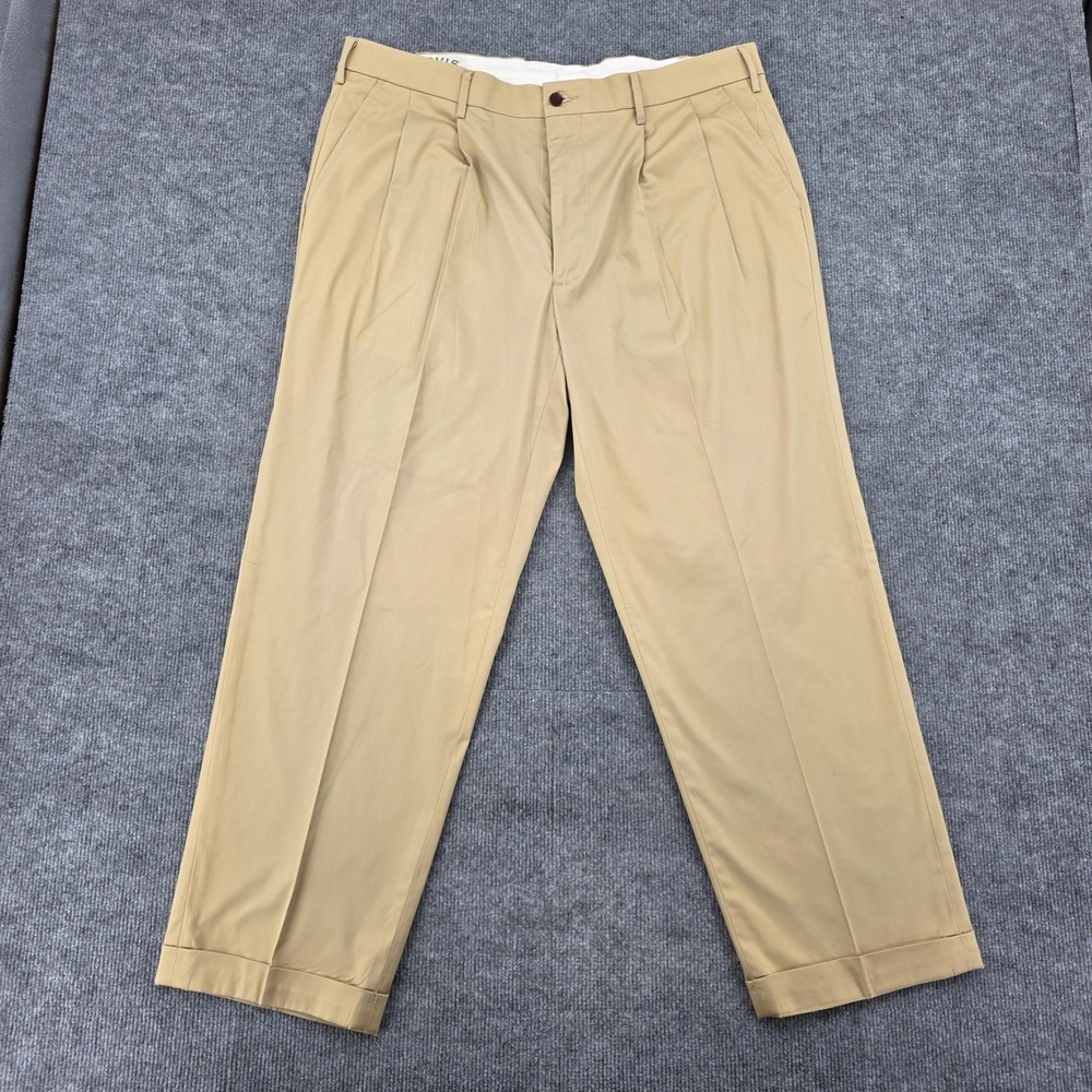 Orvis Mens 40 Pleated Chinos Khaki Tan Cuffed Straight Leg Pants 985G Stretch